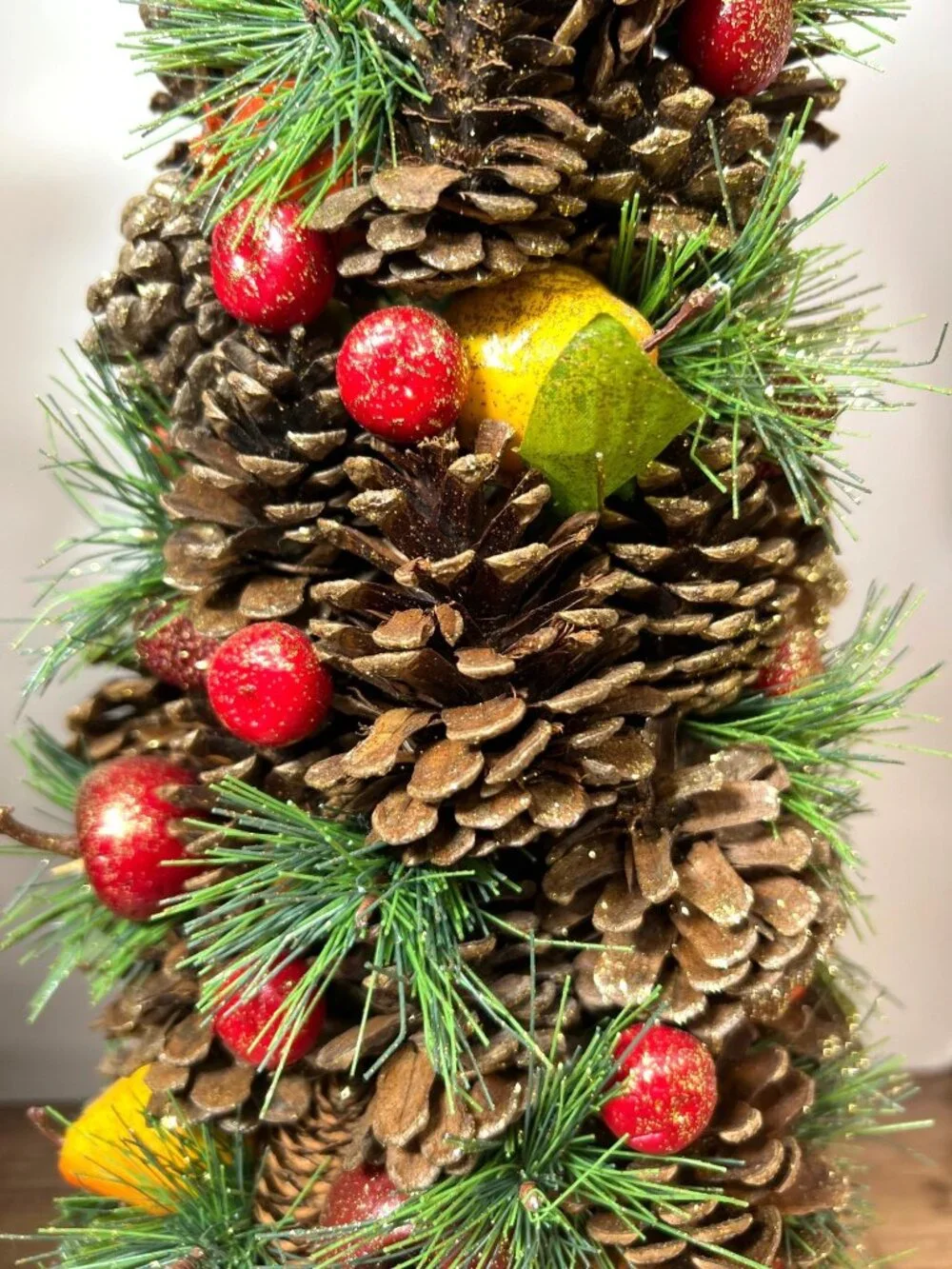Holiday Centerpiece Pinecone & Faux Fruit Tree Glitter Accents Set Of 2 17.5'' T